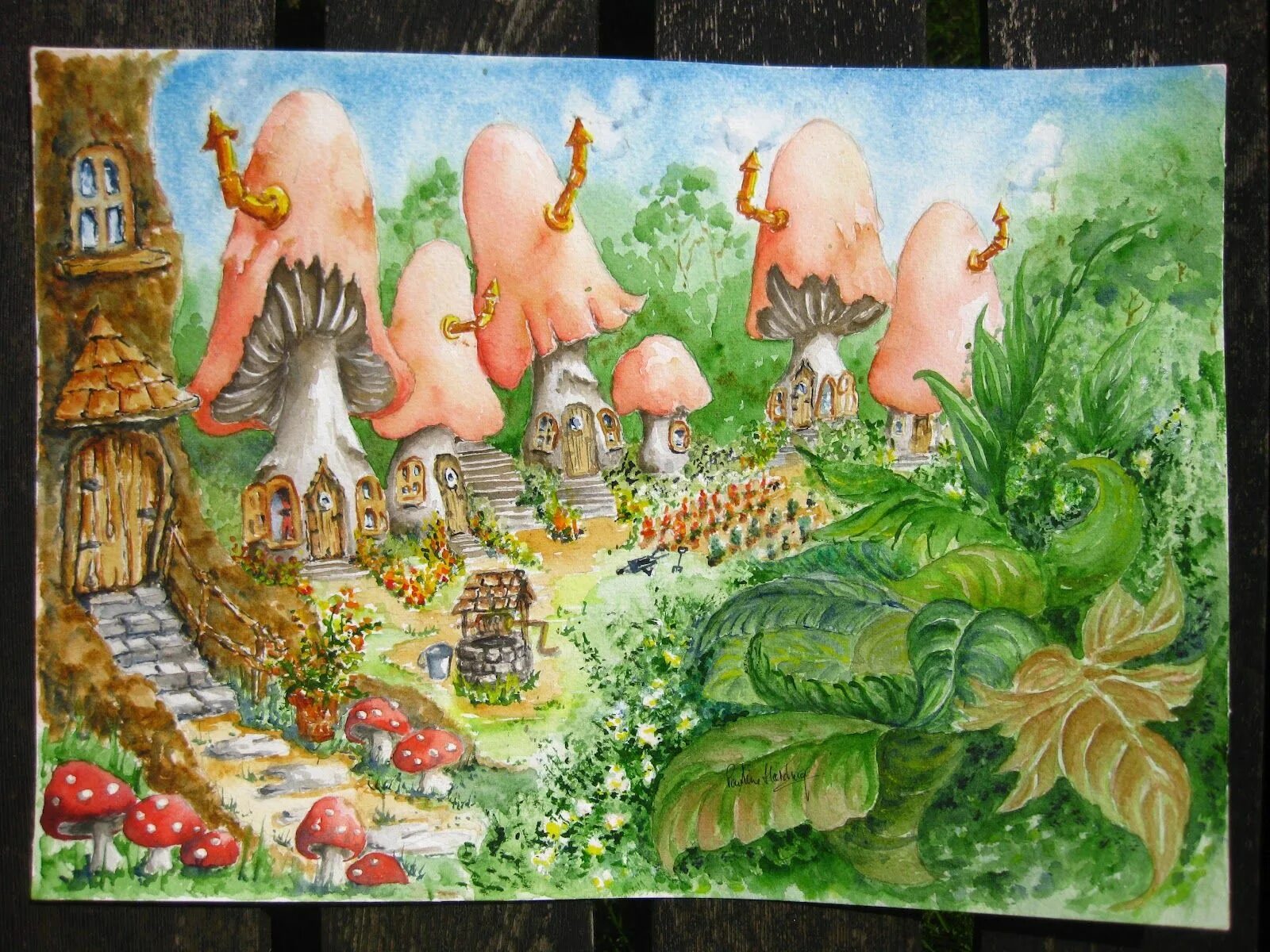 Fairy village. Fairy деревня. Грибы в живописи. Волшебный источник живопись. Сказка акварель.