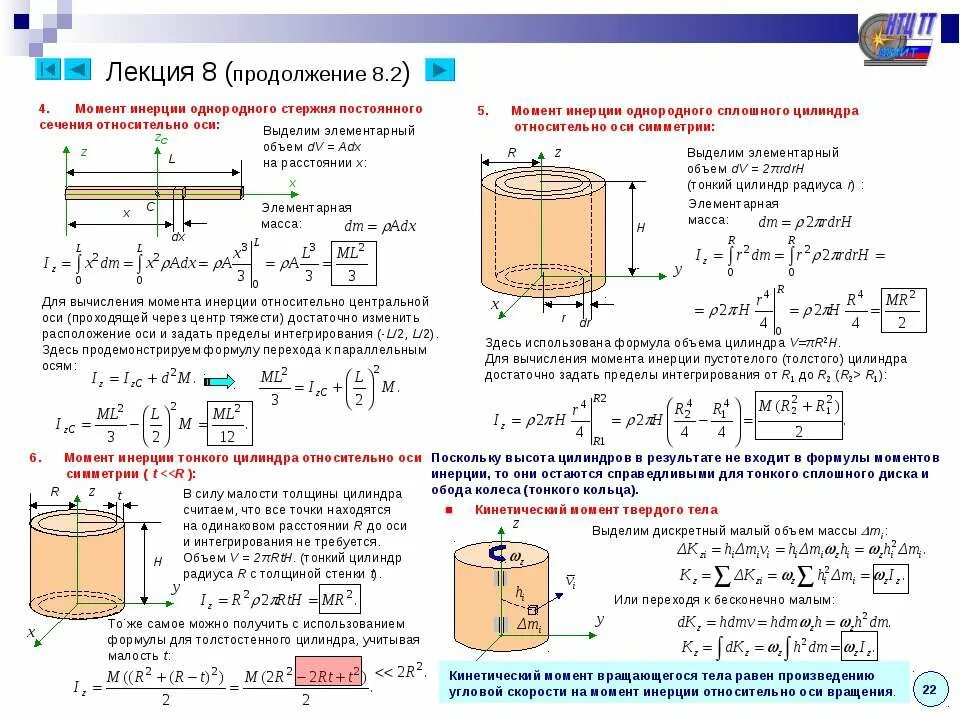 Момент инерции цилиндра. Момент инерции тонкого кольца формула. момент инерции цилиндра формула. момент инерции сечения вывод формулы. момент инерции цилиндра диска стержня.