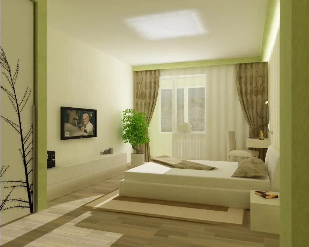 Интерьер маленькой спальни. Зонирование пространства с помощью цвета. Интерьер спальной комнаты. Расширение пространства цветом стен. Зеркало в спальне.