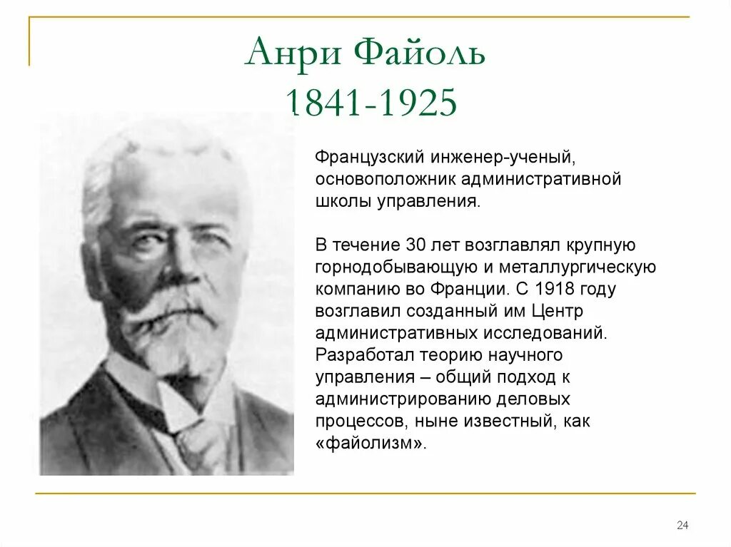 Анри Файоль (1841-1925). Анри Файоль (Fayol) (1841-1925). А. Файоль (1841–1925). Анри Файоль менеджмент 1825-1925.