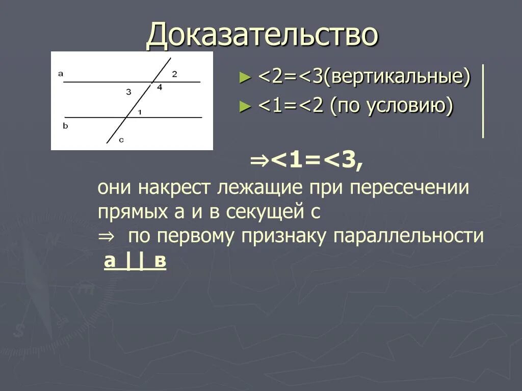 Первый признак параллельности прямых доказательство. 1. Первый признак параллельности прямых. Доказательство.. Доказательство первого признака параллельности двух прямых. Доказательство 1 признака параллельности прямых по накрест лежащим. 1 признак накрест лежащих углов