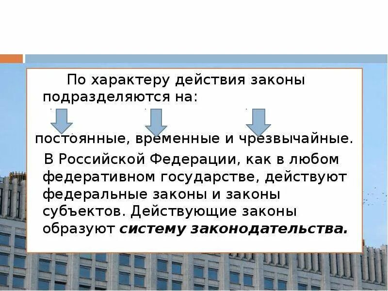 Законы в Российской Федерации подразделяются на:. Временные законы. Законы подразделяются на основные. В РФ действуют законы. По сравнению с действующим законодательством