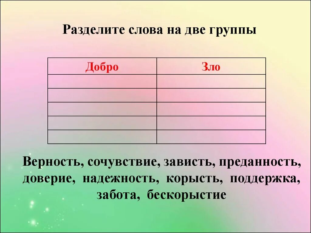 Слова делятся на группы. Разделите слова на две группы. Слова относящиеся к дружбе. Слова для разделения на два. Слова относящиеся к добру и дружбе.