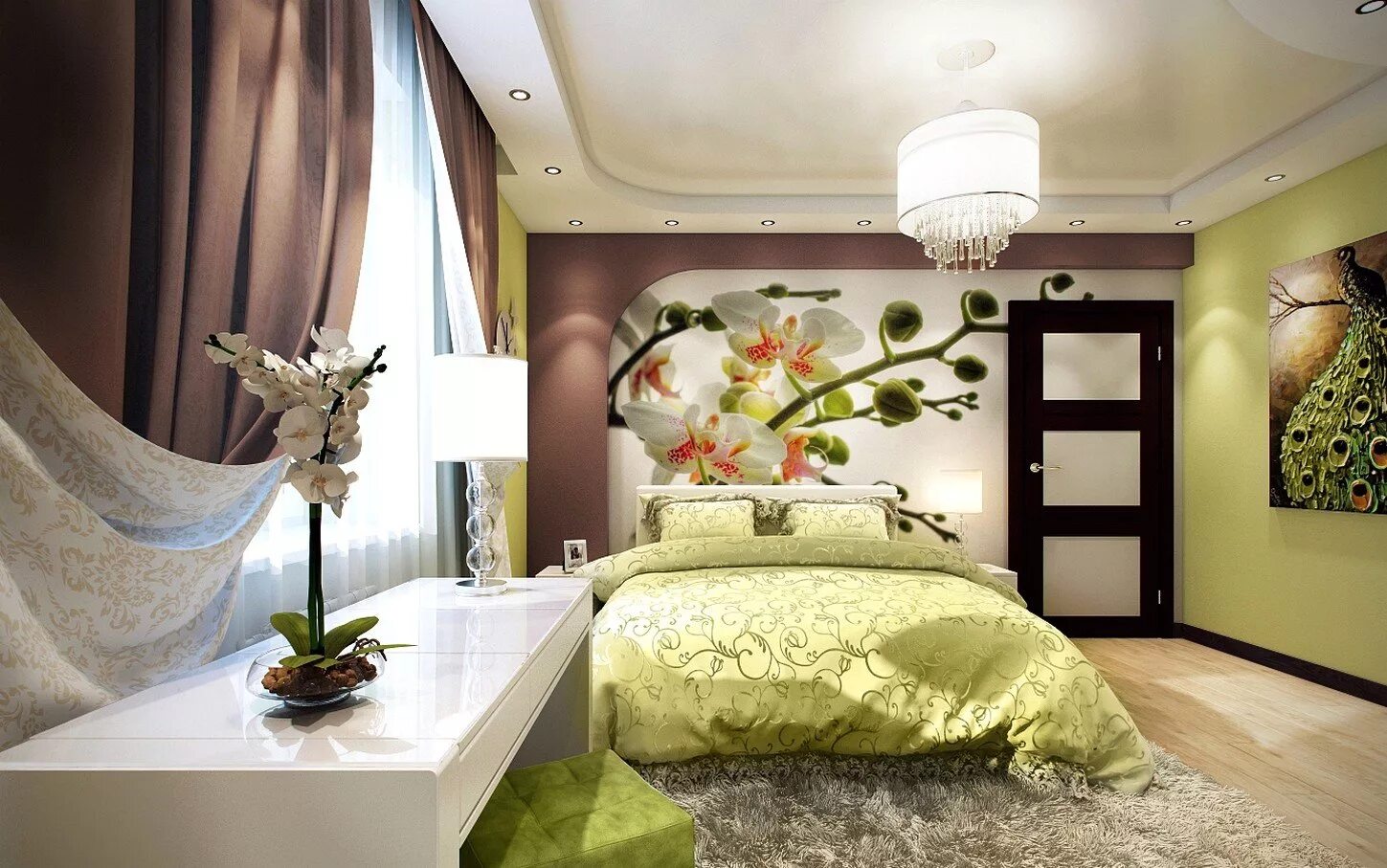 Обои для маленькой комнате фото. Интерьер спальни. Дизайнерские решения для спальни. Растения в спальне. Фотообои в спальню.