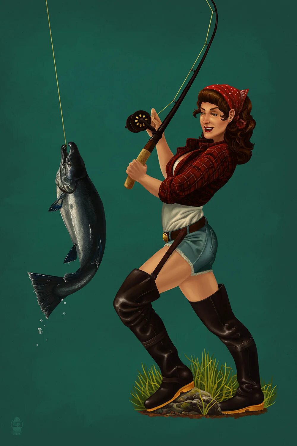 Ловлю арт. Девушка с удочкой. Женщина Рыбак. Рыбалка в стиле пин ап. Рыбак арт.
