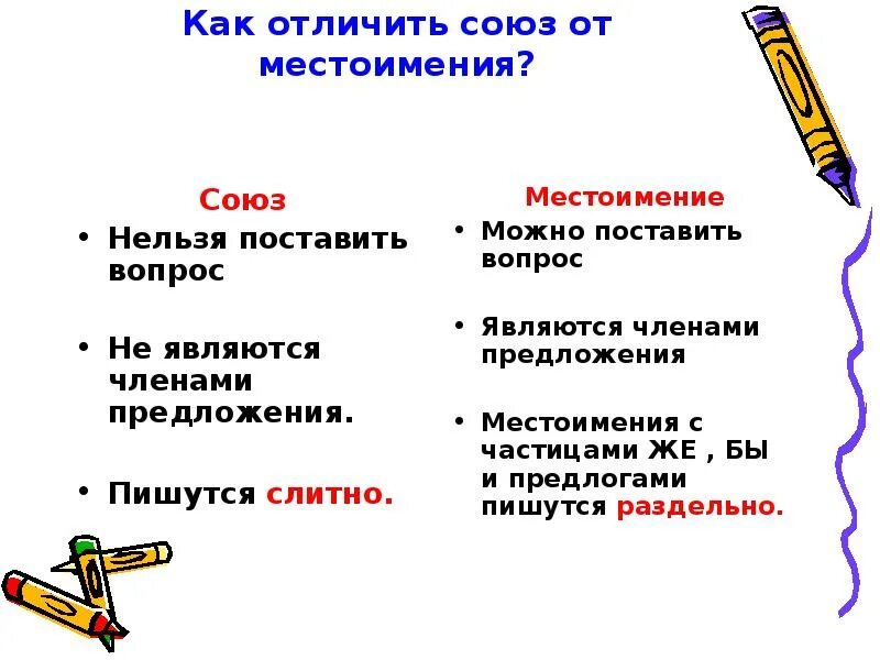 Как отличить союзное. Как отличить союз. как отличить союз от местоимения. как различать союзы. отличие союзов от местоимений.