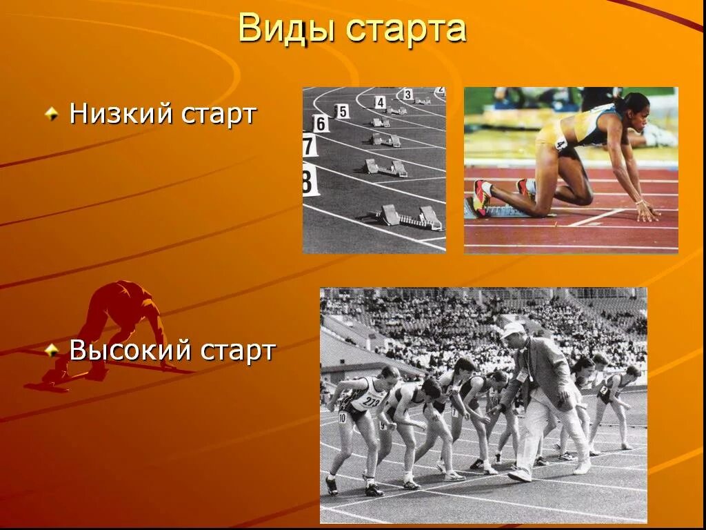 Положение бегуна на старте называется. Виды старта. Высокий и низкий старт в легкой атлетике. Высокий старт. Виды высокого старта.