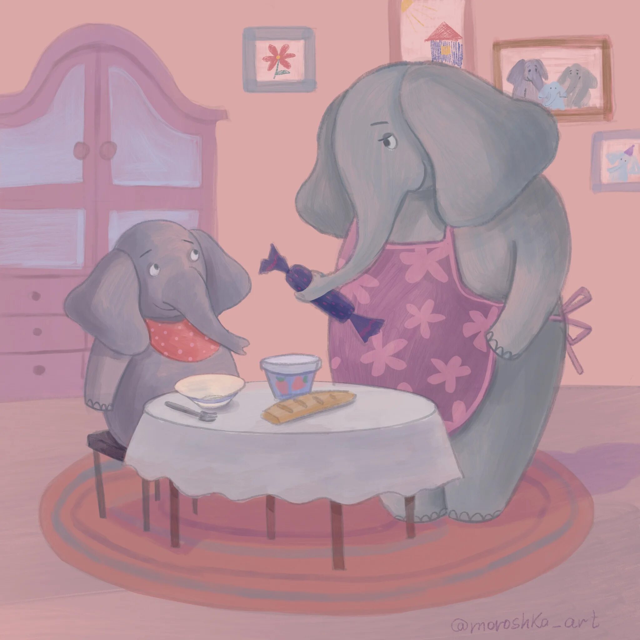 Мама я голодный. Слонёнок с мамойдля детей. Слон на кухне. Иллюстрация к стихотворению слон.