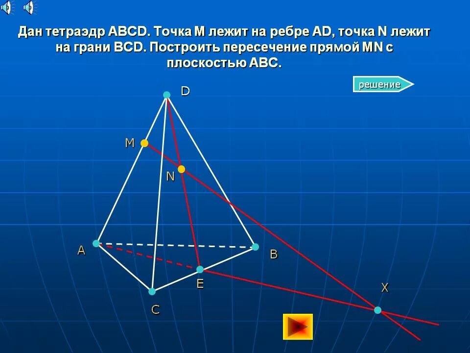 Точка пересечения тетраэдра. Точка пересечения прямой и плоскости в тетраэдре. Тетраэдр с точками. Точки пересечения прямой с тетраэдром.