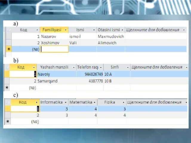 MS access 2010 da jadvallarni o'Zaro bog'Lash. MS access jadvallarni o'Zaro bog'Lash. MS access jadvallarni bog`Lash. Access 2010 da.