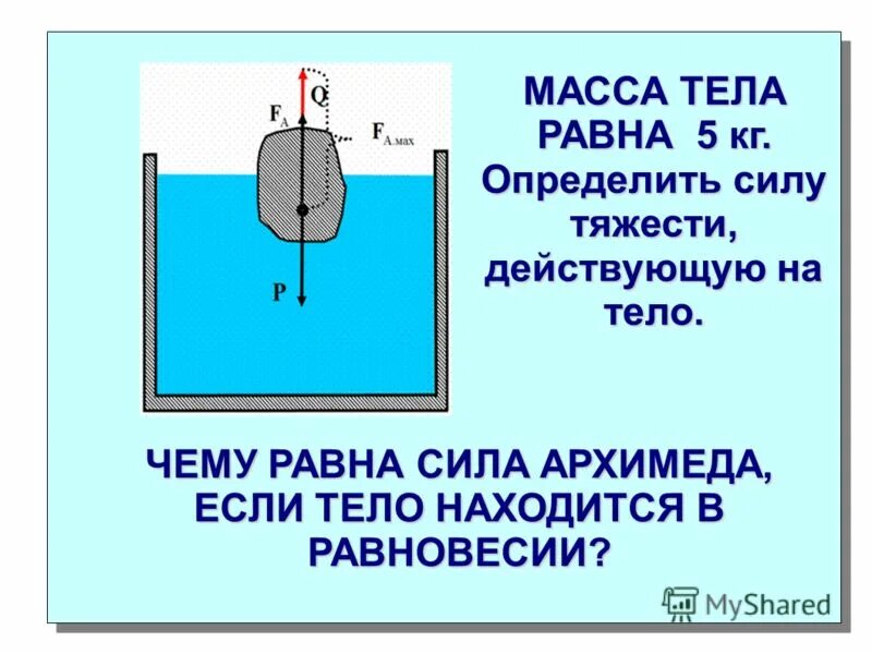 Если сила тяжести действующая на погруженное. Сила Архимеда и сила тяжести. Определите силу тяжести действующую на тело.