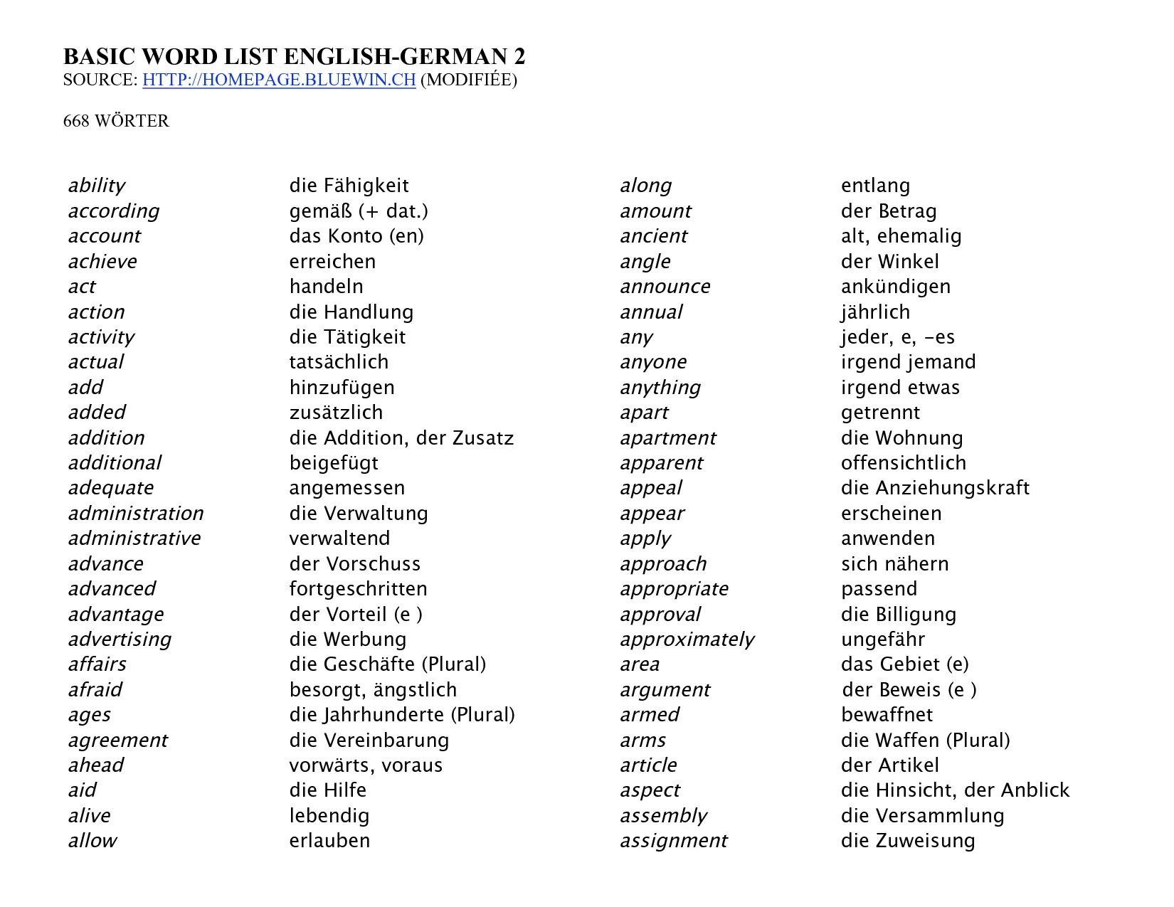 German Words. German Words in English. List English. Basic Words.