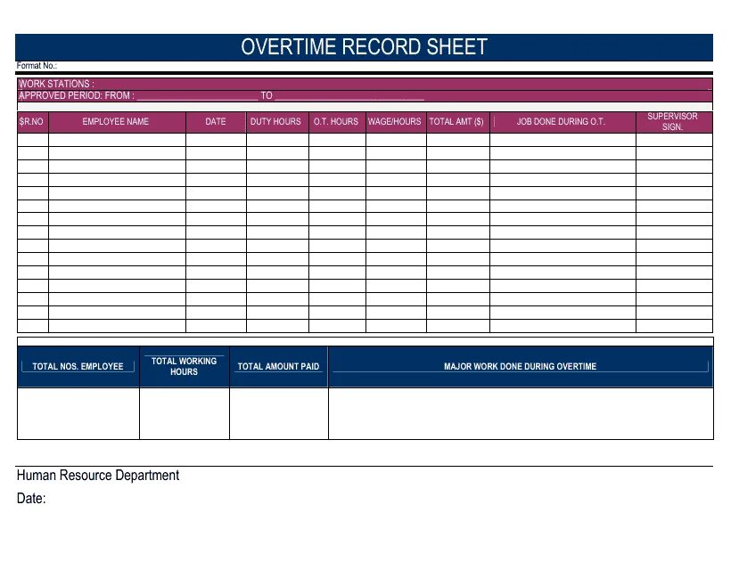 Related forms. Record Sheet. Overtime forms Sample. Document transfer Sheet Template. Overtime statistics Report Sample.