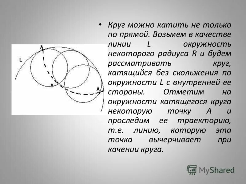 Круг рассматриваемых проблем. Окружность катится по окружности. Траектория точки катящегося круга. Циклоидальная кривая. Циклоидальный маятник.