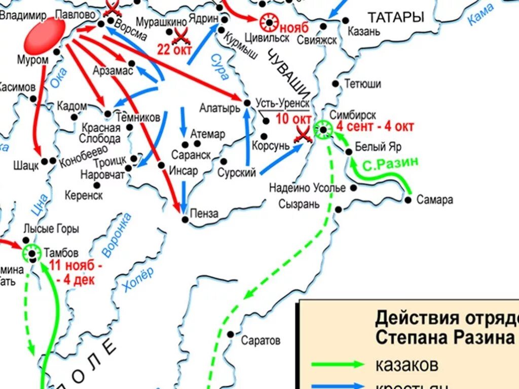 Города захваченные степаном разиным. Поход Степана Разина в 1670 карта. Восстание Степана Разина карта ЕГЭ.