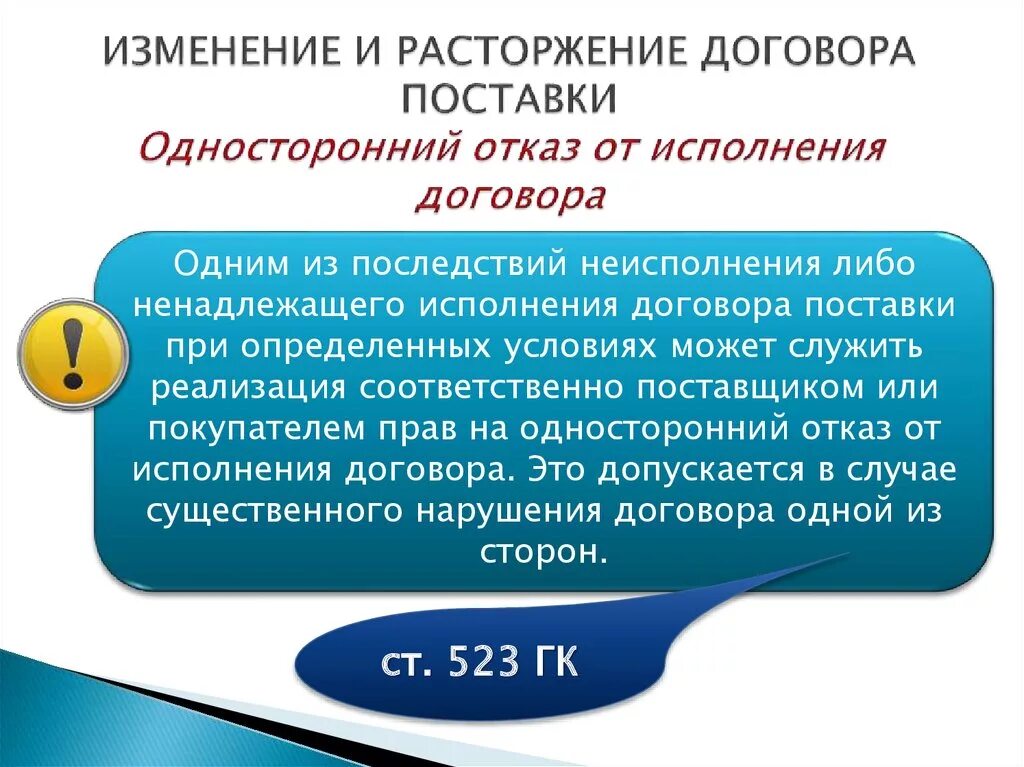 Односторонний отказ изменение условий обязательства. Изменение и расторжение договора поставки. Отказ от договора поставки. Односторонний отказ от договора поставки. Частичный отказ от договора поставки.