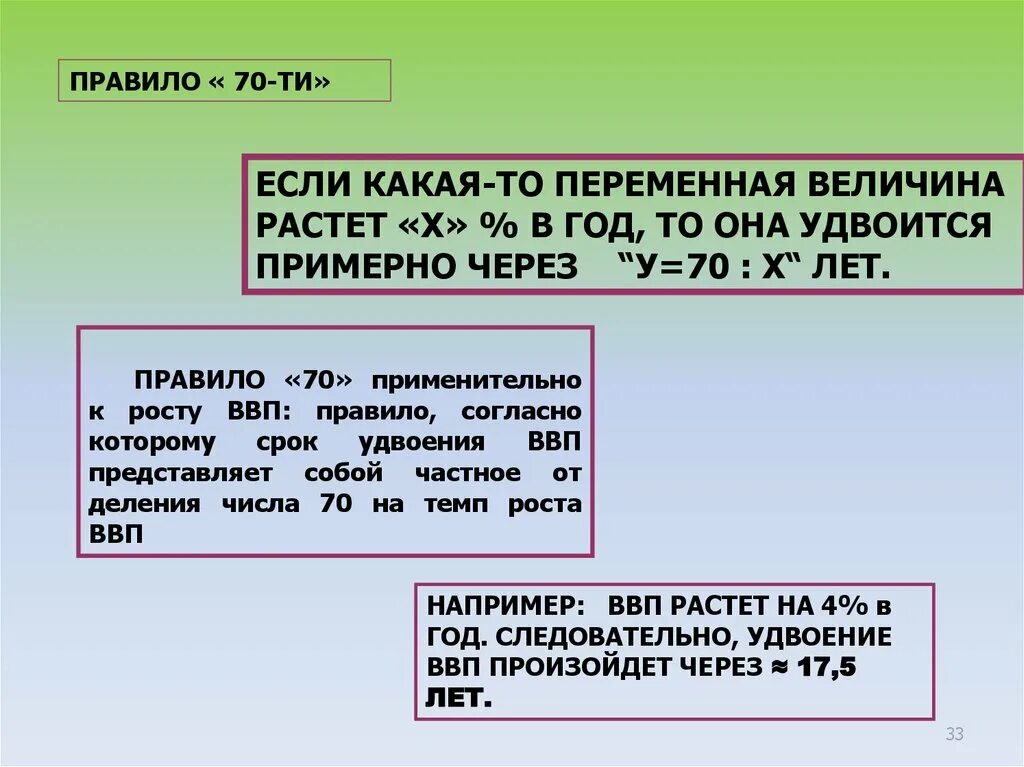 Правило 70 в экономике. Правило величины 70 в макроэкономике. Правило 70 экономический рост. Правило 70 макроэкономика. Ввп например