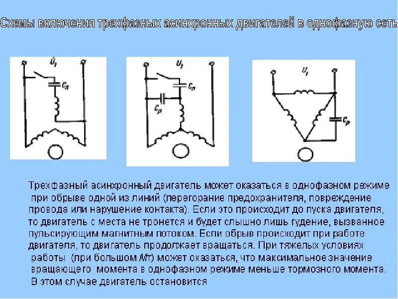 Схемы включения асинхронных. Схема включения асинхронного двигателя в однофазную сеть. включение трёхфазного мотора в однофазную сеть. включение трехфазного асинхронного двигателя в однофазную сеть. схема включения асинхронного электродвигателя в однофазную сеть.