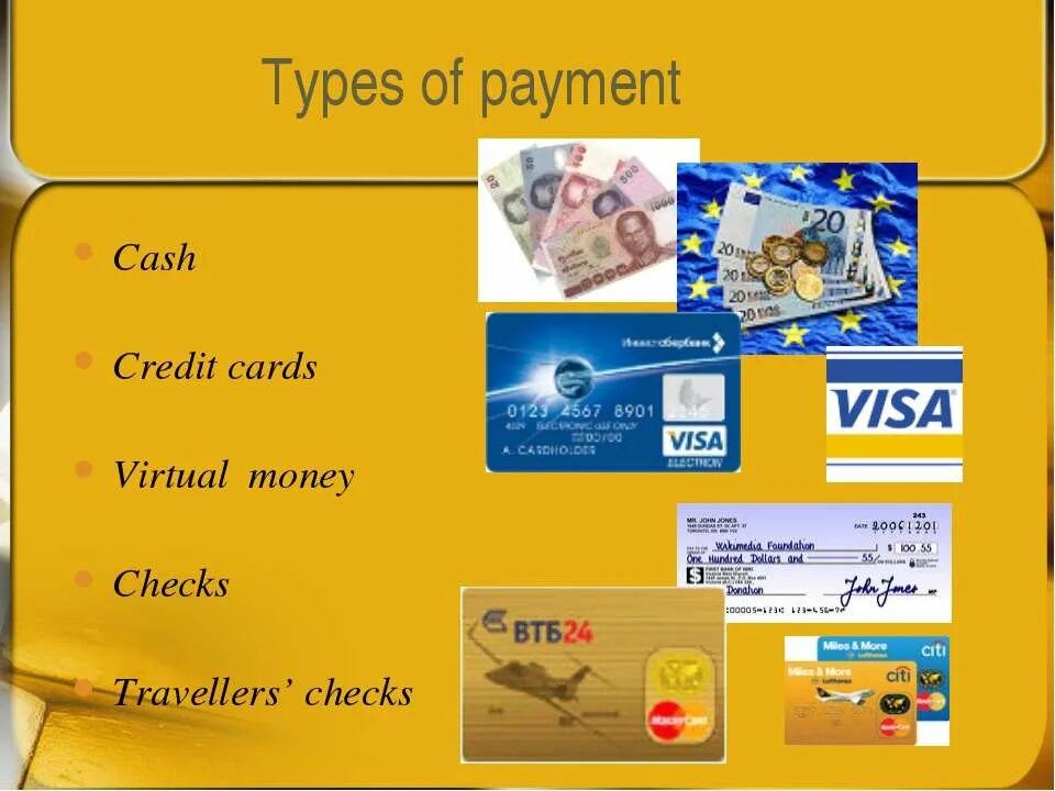 Forms of money. Payment Type. Презентация на тему Types of money.. Cash and credit Card. Credit Card Type.