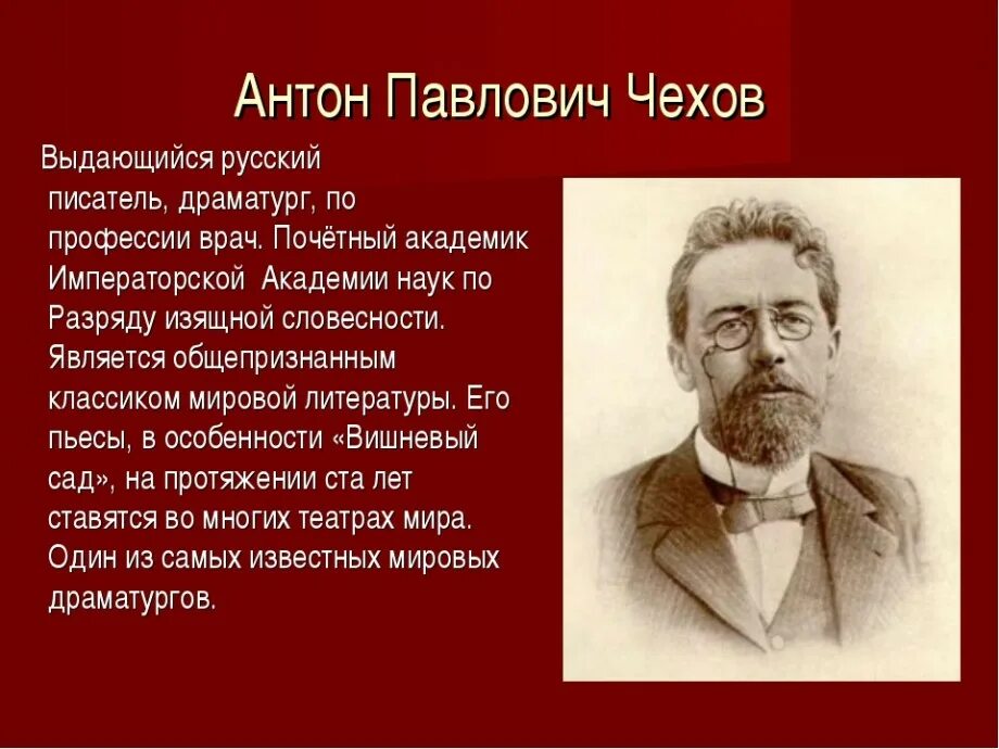 Рассказ про чехова. Антон Павлович Чехов (18601904). Чехов академик императорской Академии наук. География Антона Павловича Чехова. Информация о а п Чехове.