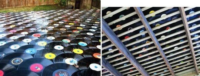 Крыша из компакт дисков. Дорожки на даче из компакт дисков. Дорожка из дисков в саду. Крыша из виниловых пластинок.