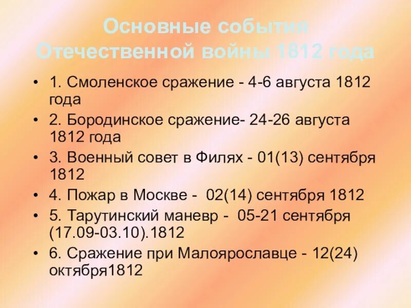 3 события отечественной истории. Основные события Отечественной войны. Основные события 1812. Главные события войны 1812. Основные события Отечественной 1812.