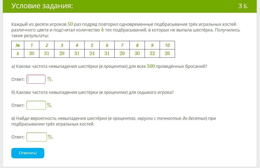 Итог бросания трех игральных костей. Вероятность невыпадения пятерки при подбрасывании 3 игральных костей. Каждый из десяти игроков. Частота выпадения 6 кости. Повтори 50 раз