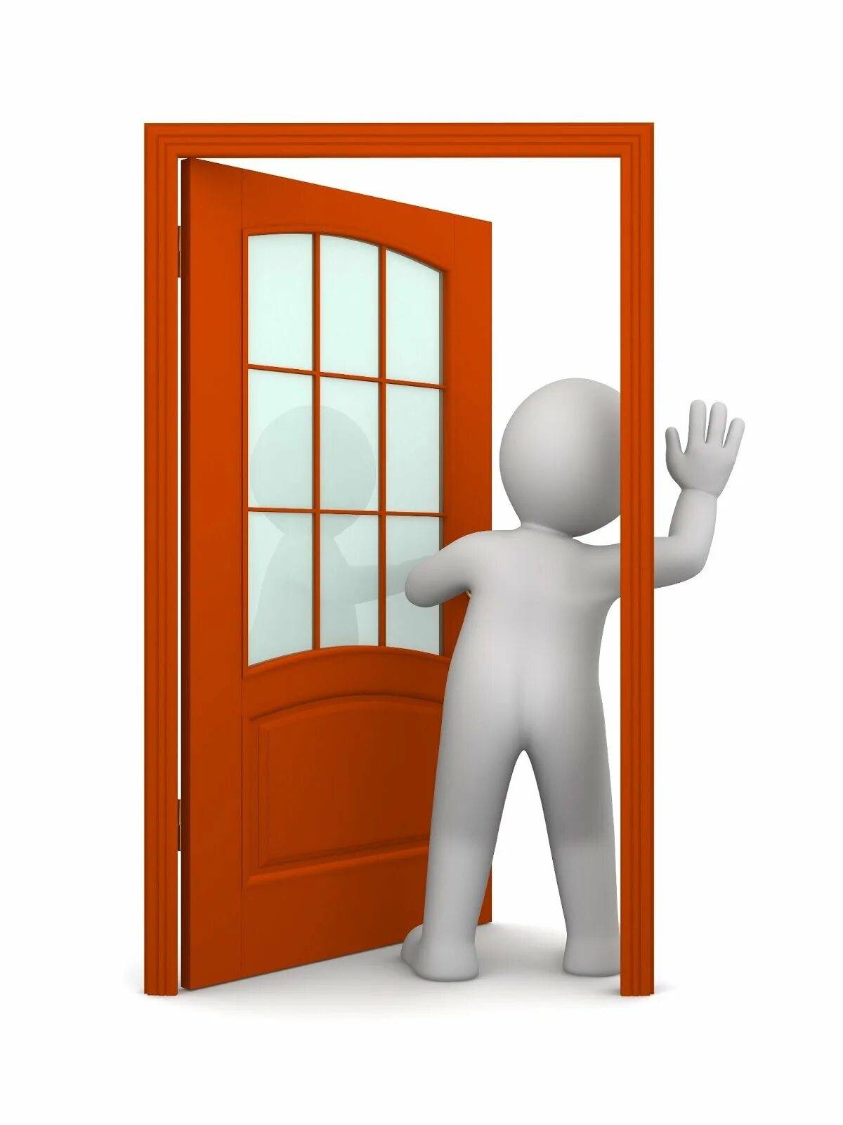 Первым входит в дверь. Открытая дверь. Человек у двери. Человечек с дверью. Дверь на белом фоне.