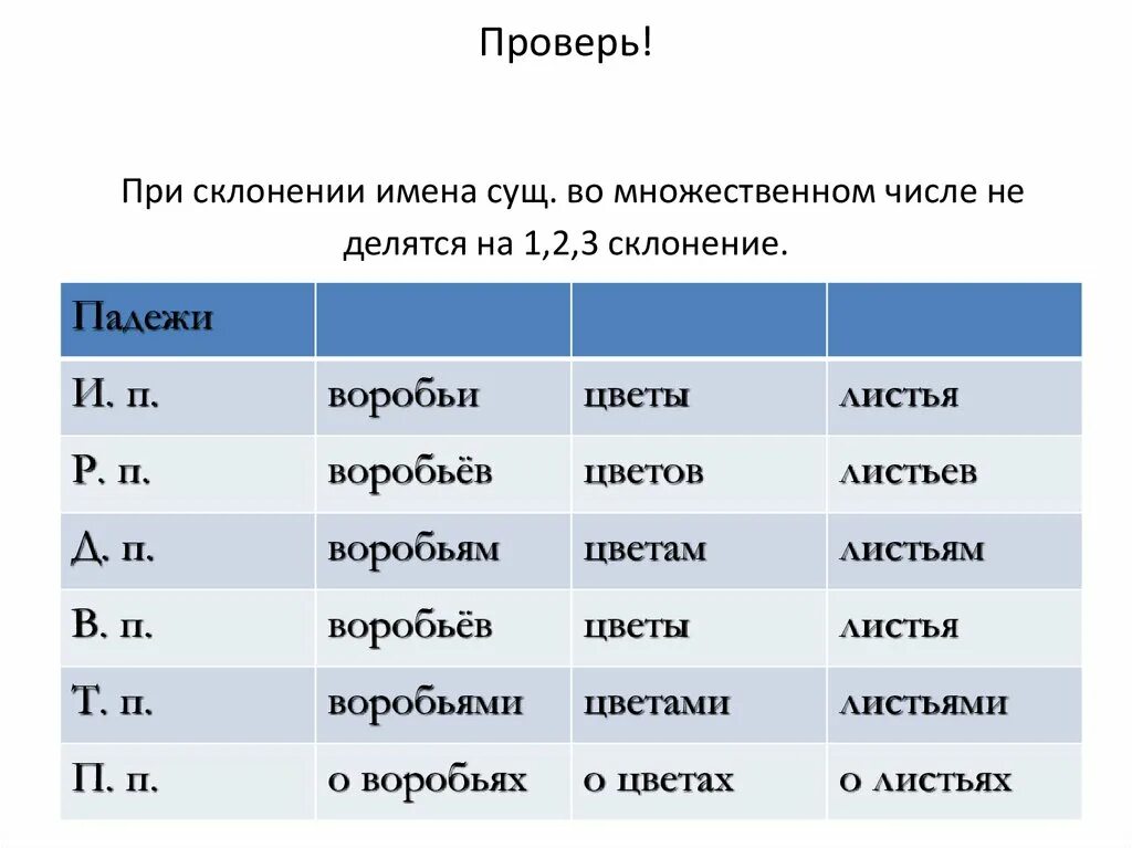 Слова для проверки склонения имен существительных