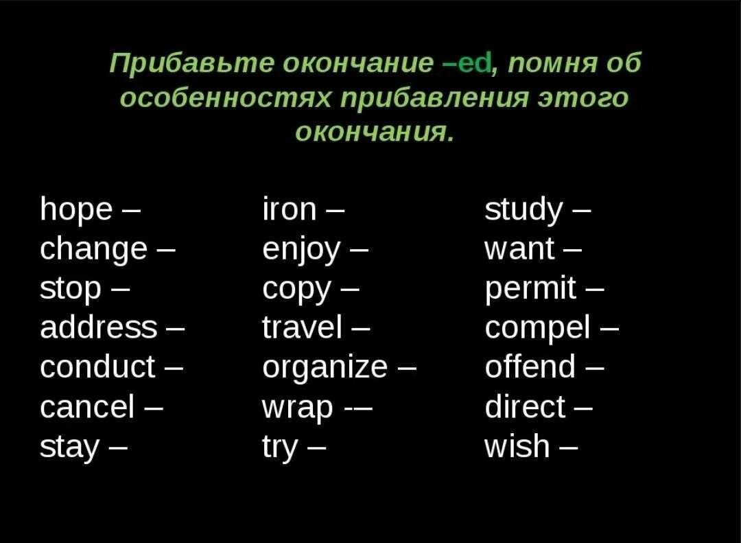 Окончания глаголов в прошедшем времени в английском. Глаголы с окончанием ed в английском языке. Окончания правильных глаголов в английском. Окончание правильных глаголов. Окончание ed в английском языке.