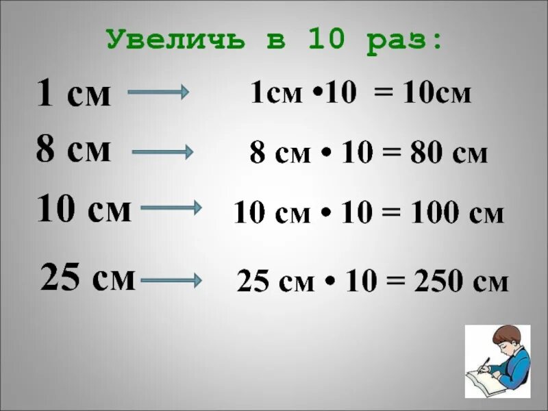 Увеличь 8 в 3 раза. 18см и 8дм. 10.1 в см. 1 см. увеличь в 10 раз.