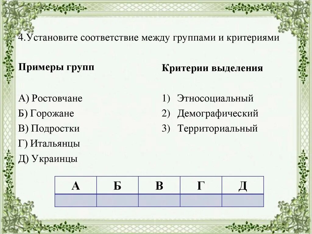 Установите соответствие между социальными группами и критериями. Установите соответствие между примерами групп. Установите соответствия между социальными группами. Установите соответствие между социальными группами и их видами. Установите соответствие между группами и видами птиц