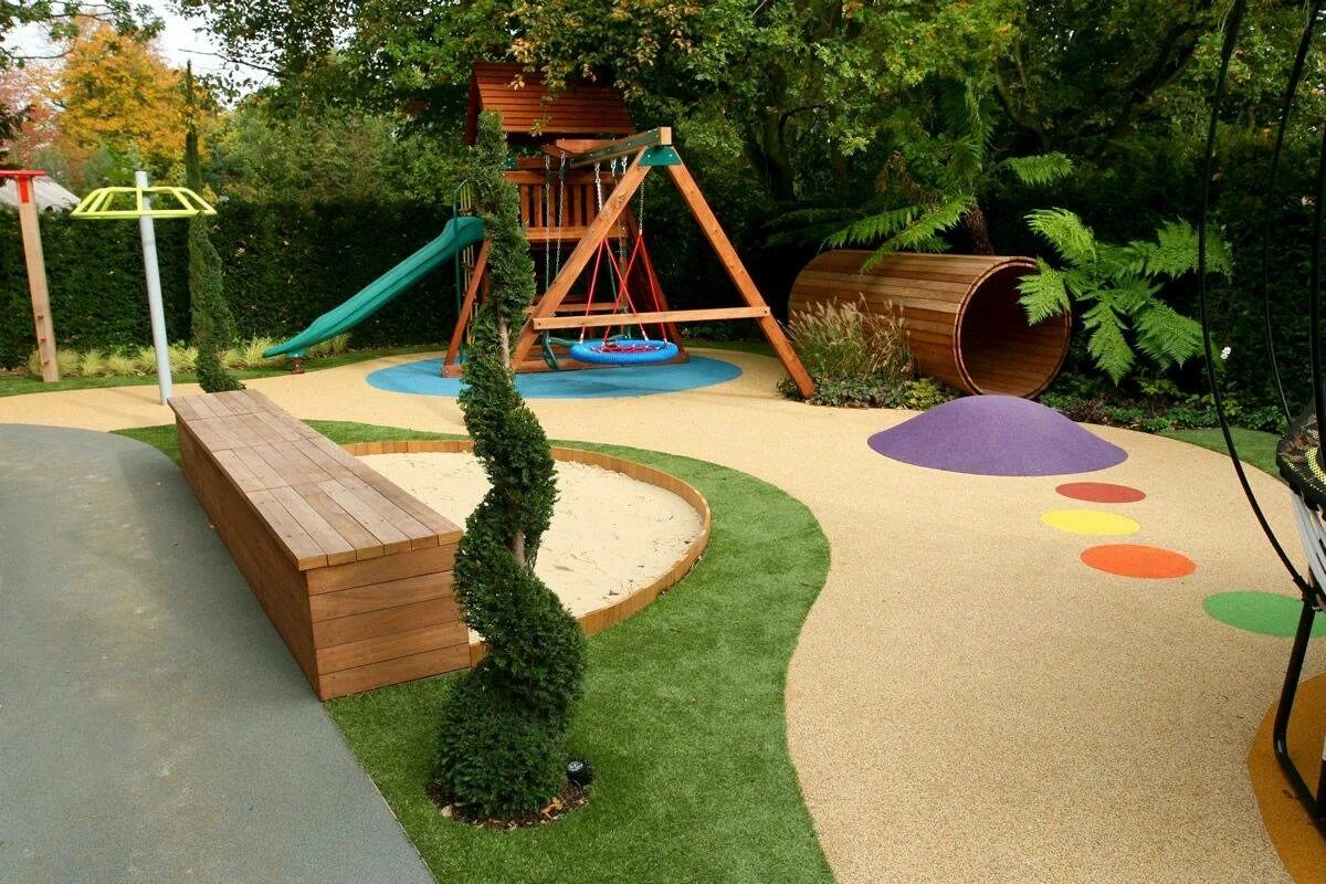 Ландшафт детской площадки. Дизайнерские детские площадки. Дизайнерские решения для сада. Детская зона на участке. Сделать площадку в саду