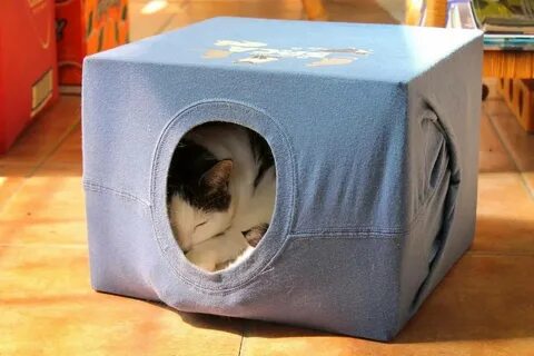 Домик для кошки своими руками из картонной коробки и футболки, многоу...