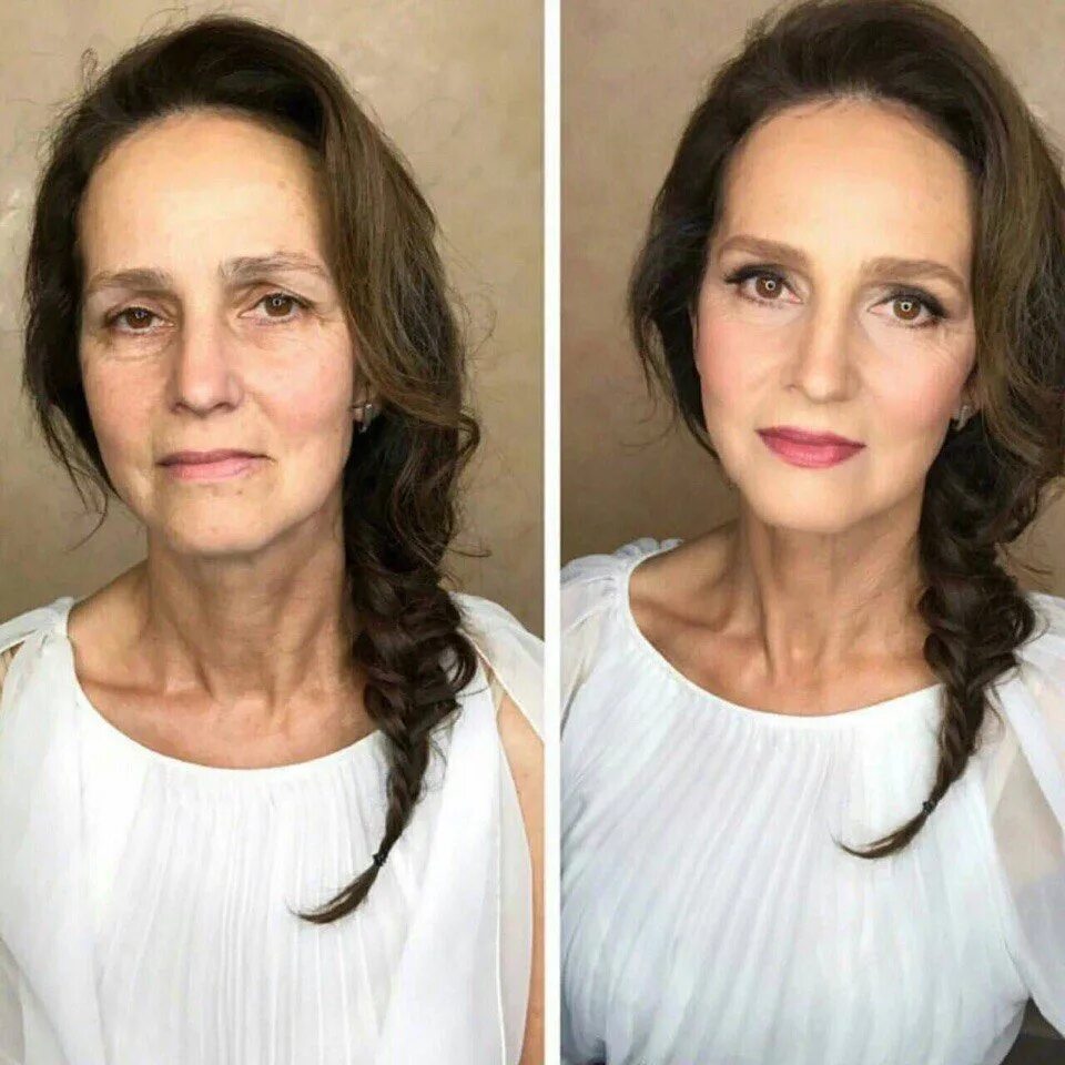 Возрастной макияж. Макияж для пожилых до и после. Лифтинг макияж. Макияж для женщин после 50.