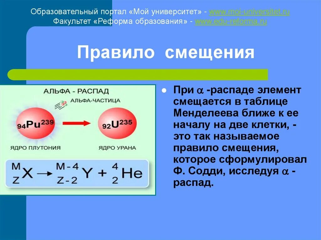 Запишите реакцию радиоактивного распада плутония в результате. Правило смещения для Альфа распада. Правило смещения радиоактивного распада. Альфа и бета распад правило смещения. Правило смещения при гамма распаде.
