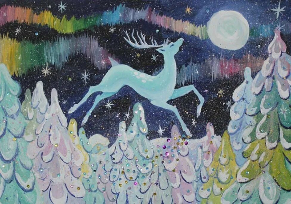 Серебряное копытце батик. Зимняя картина для детей. Иллюстрация к сказке гуашью. Сказка гуашью. Сказка гуашью.