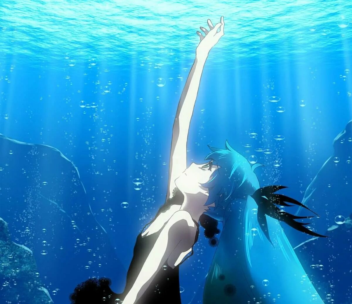 Сделать звук под водой. Hatsune miku shinkai shoujo. хатсуне мику тонет. аниме под водой. аниме девушка в воде.