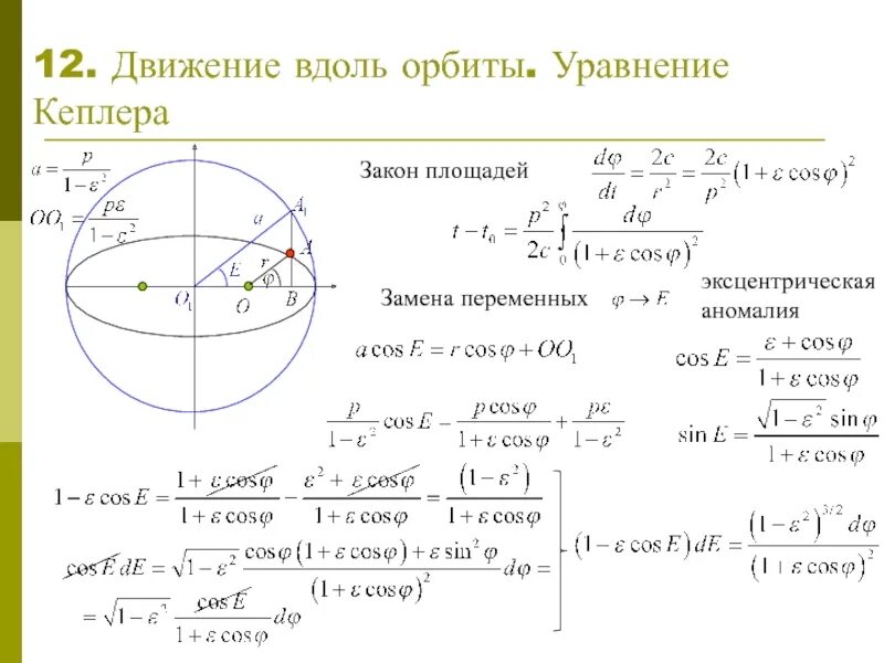 Истинная аномалия. Уравнения Кеплера орбиты. Формула движения по эллипсу. Решение уравнение Кеплера для эллиптической орбиты. Эксцентрическая аномалия формула.