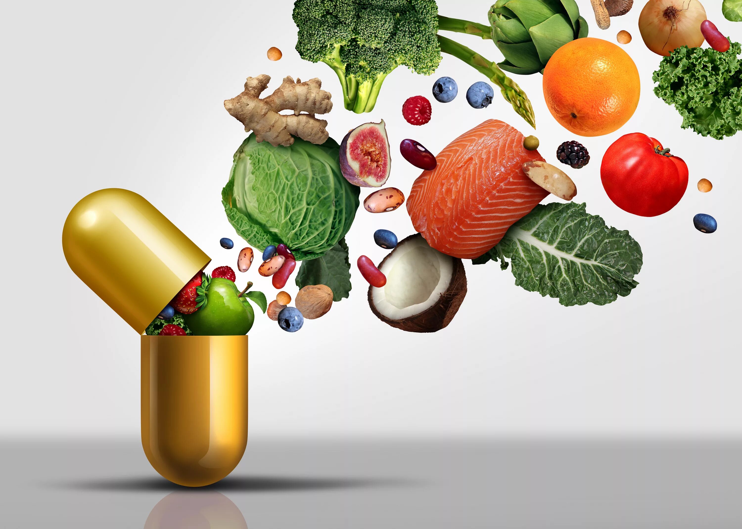 Белки биотехнологии. Витамины. Витамины БАДЫ. Таблетки и фрукты. Биологические активные добавки.