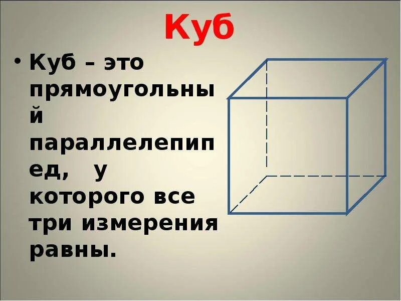 Куб. Прямоугольный параллелепипед и куб. Прямоугольный параллелепипед измерения которого равны. Куб для презентации.