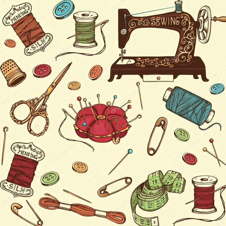 Швейные принадлежности. Швейные принадлежности для кройки и шитья. Швейное рукоделие. Швейные принадлежности для кройки и шитья. Швейные принадлежности иллюстрация.