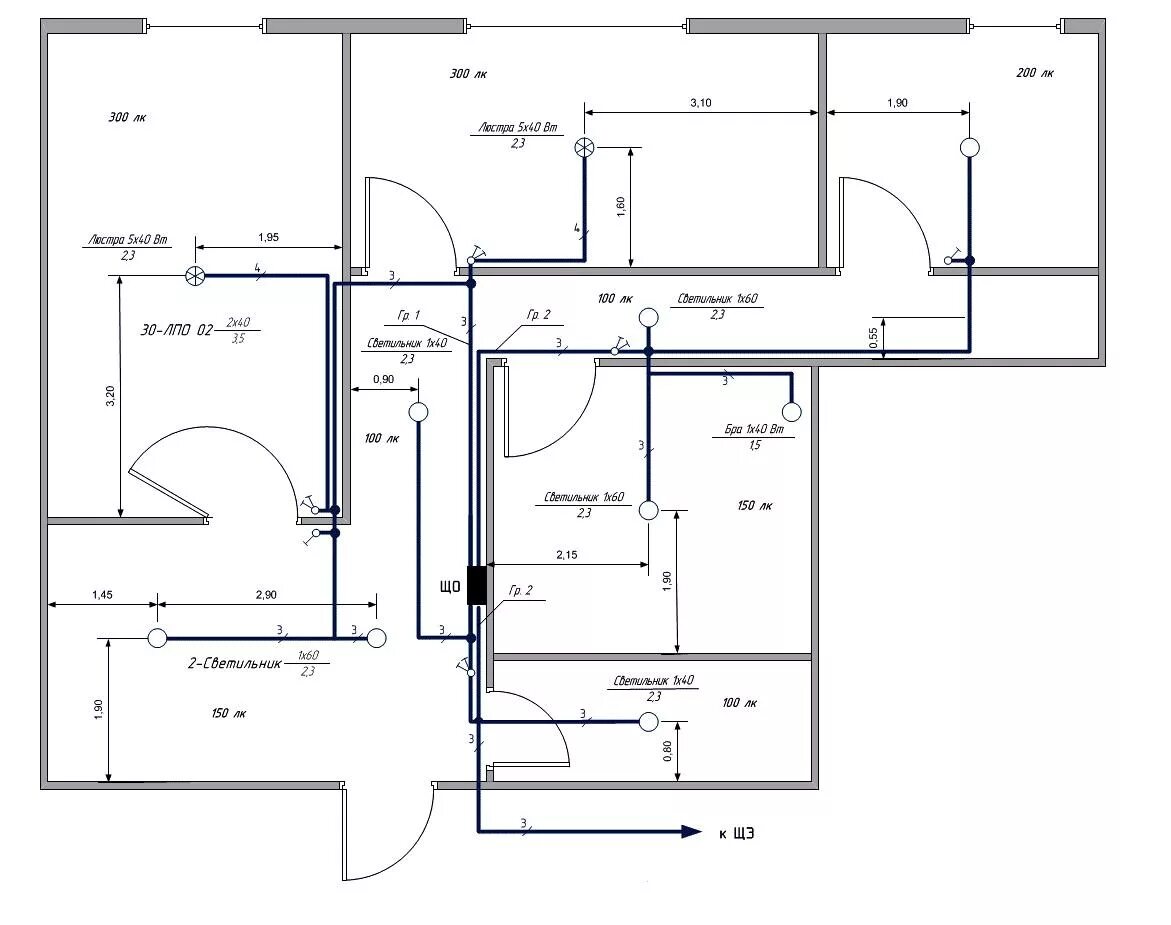 Монтажная схема квартирной электропроводки. Схема электропроводки освещения в офисных помещениях. Схема освещения и розеточной сети. Разводка электрики в 2 комнатной квартире схема. Планов пон