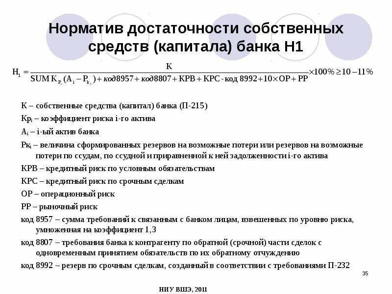 Норматив достаточности капитала н1 формула. • Н1 – норматив достаточности собственного капитала формула. Достаточности собственных средств (капитала) банка н1 формула. Норматив достаточности капитала банка н1.