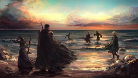 2D, witch hat, fairies, anime girls, cape, Berserk, artwork, fan art, sunse...