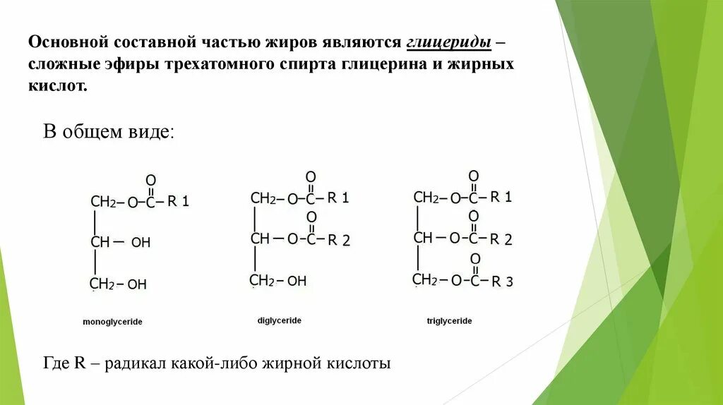 Общее название жиров. Составная часть жиров. Строение глицеридов. Составные части жира. Глицериды жирных кислот.