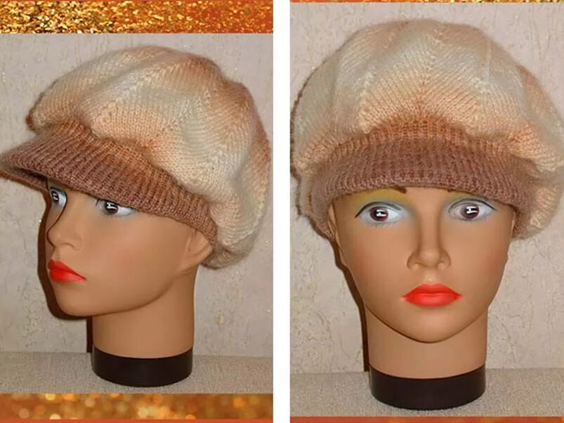 Шапка с козырьком спицами. Шапочка с козырьком спицами для женщин. женская шапочка с козырьком связанная спицами. кепка на вязальной машине.