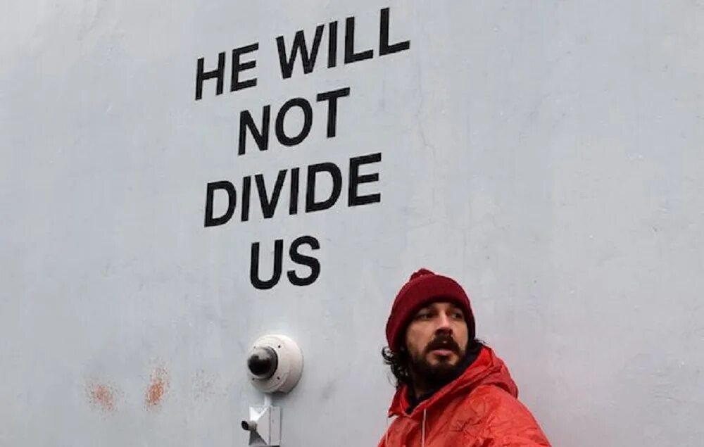 He will not divide. He will not divide us. шайа лабаф против трампа. фото шайа лабаф мем. флаг he will not divide us frog.