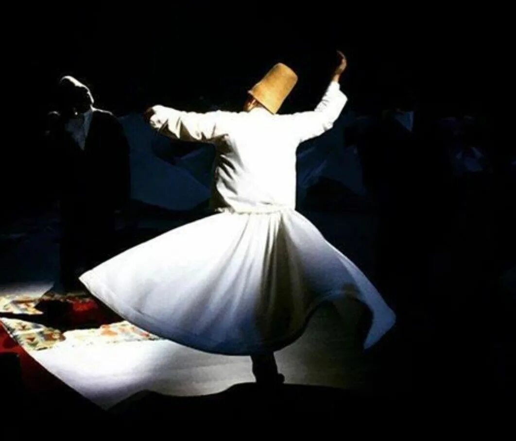 СУФИ бастаги. Дервиш танцует" (Whirling Dervish), Осман Гамзе. Картина. Дервиши в черном платье. Танец дервишей вид сверху.