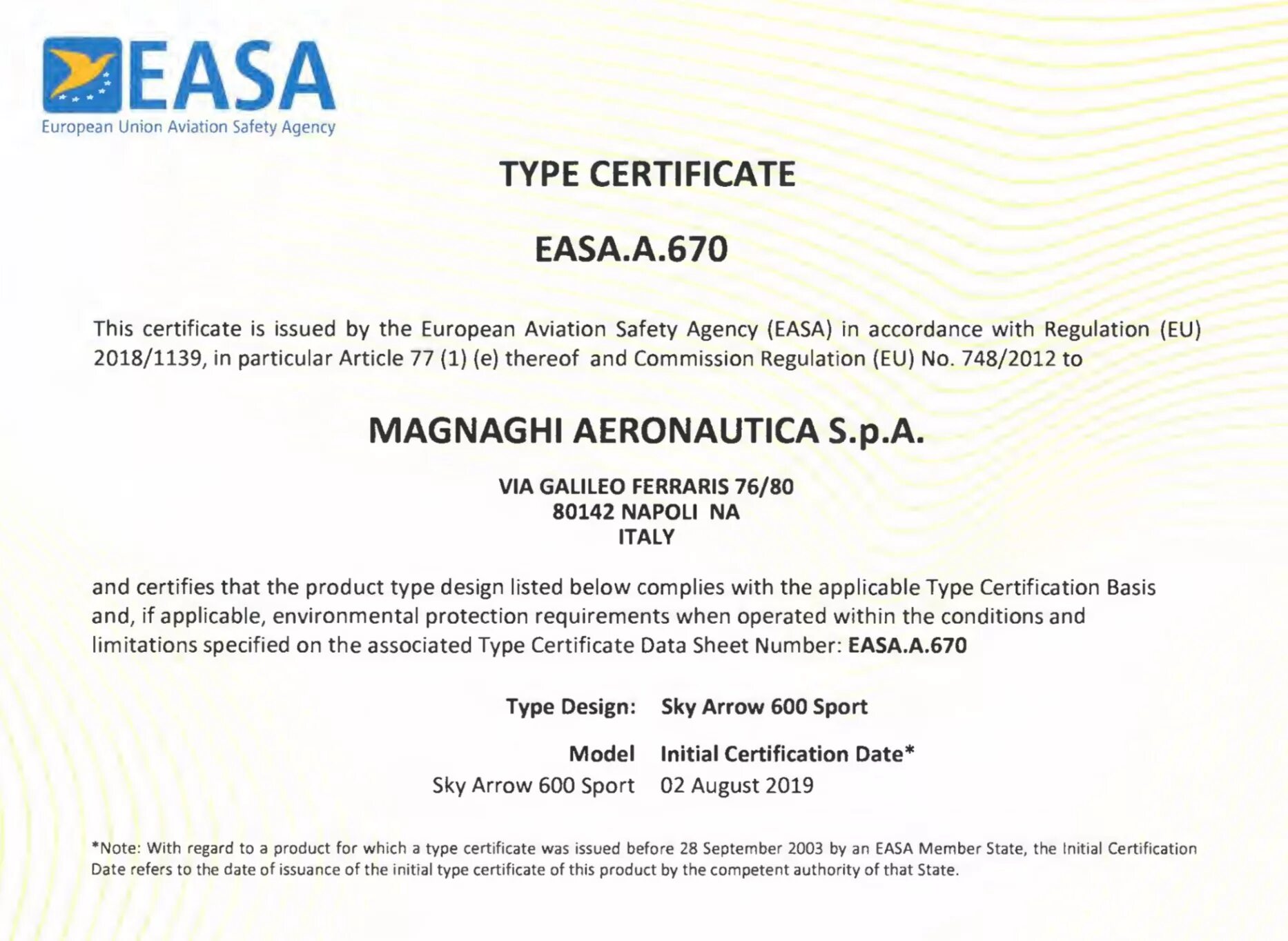 Type certificate. European Aviation Safety Agency (EASA). Сертификат типа EASA. Свидетельство EASA. Авиационный сертификат EASA.